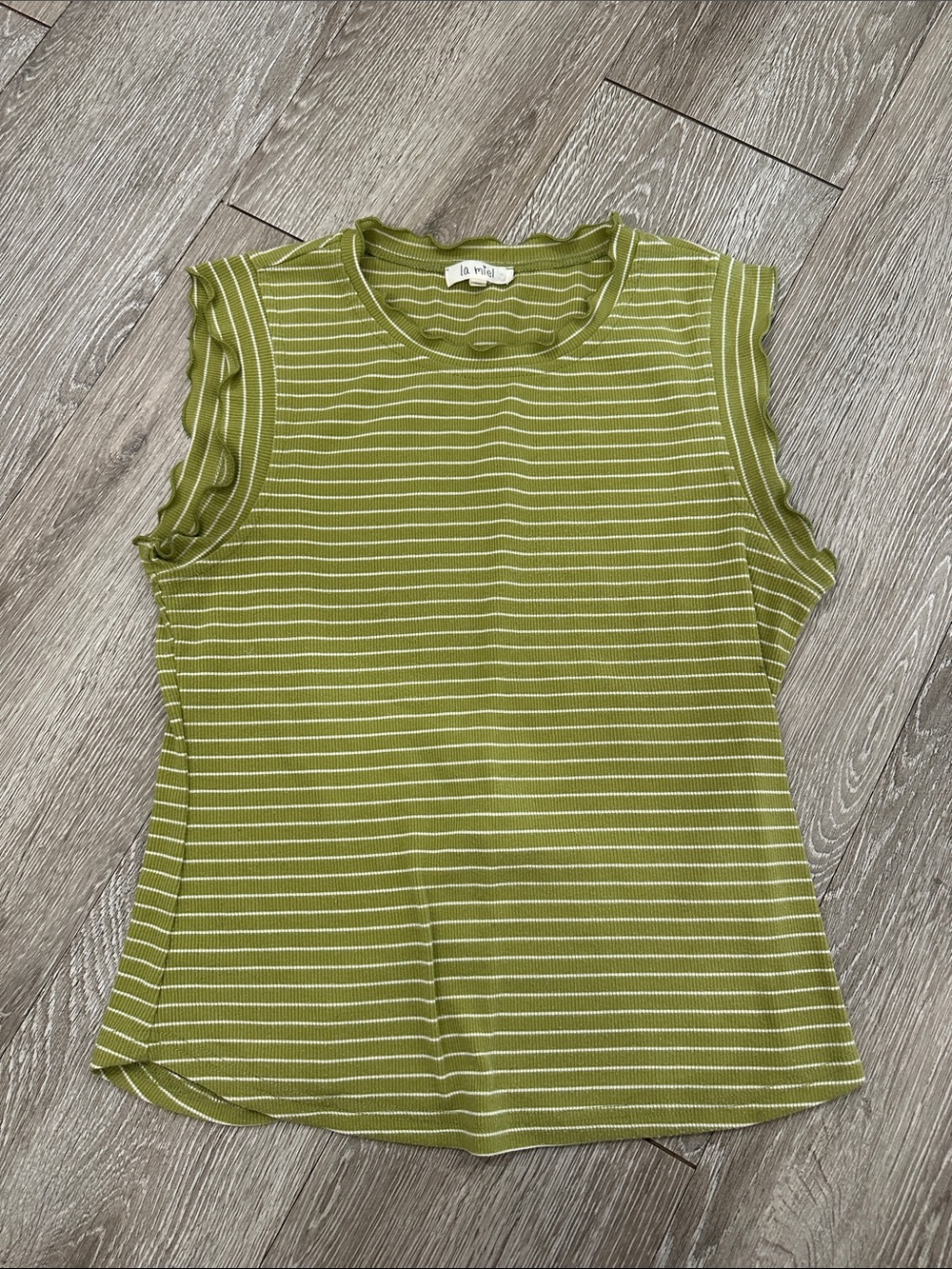 LA MIEL Olive & White Striped Ribbed Sleeveless Top